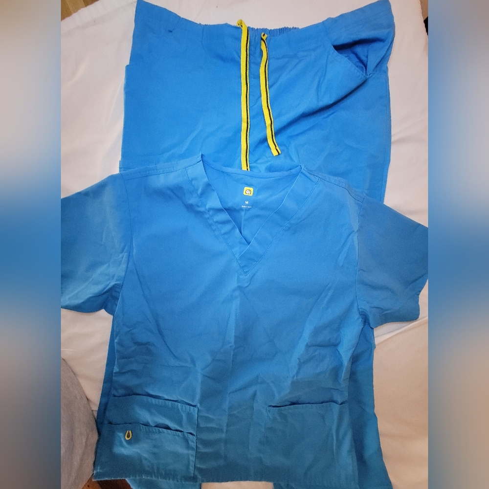 WonderWink Blue Scrub Set with Flare Leg Accents